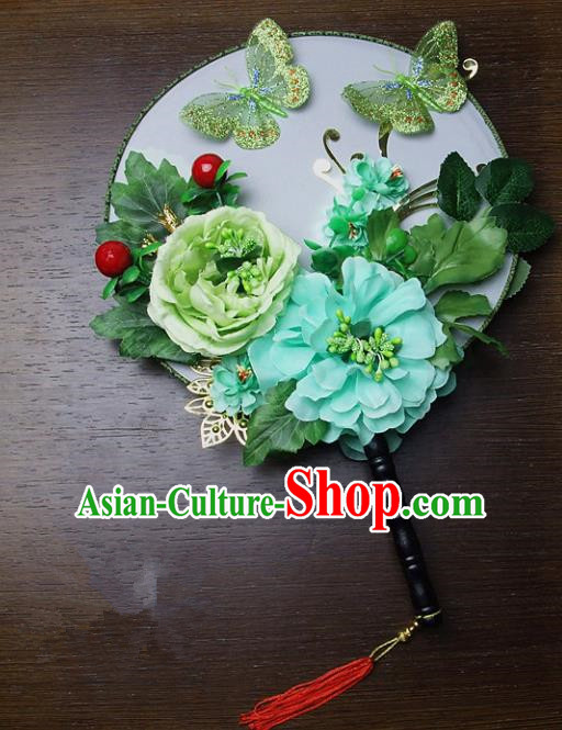 Traditional Handmade Chinese Ancient Wedding Green Peony Feather Round Fans, Hanfu Palace Lady Bride Mandarin Fans for Women