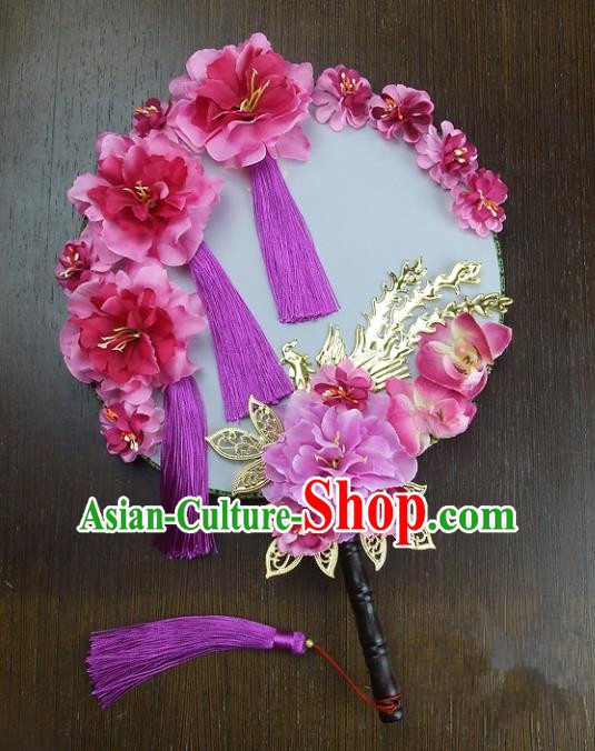 Traditional Handmade Chinese Ancient Wedding Pink Peony Tassel Round Fans, Hanfu Palace Lady Bride Mandarin Fans for Women