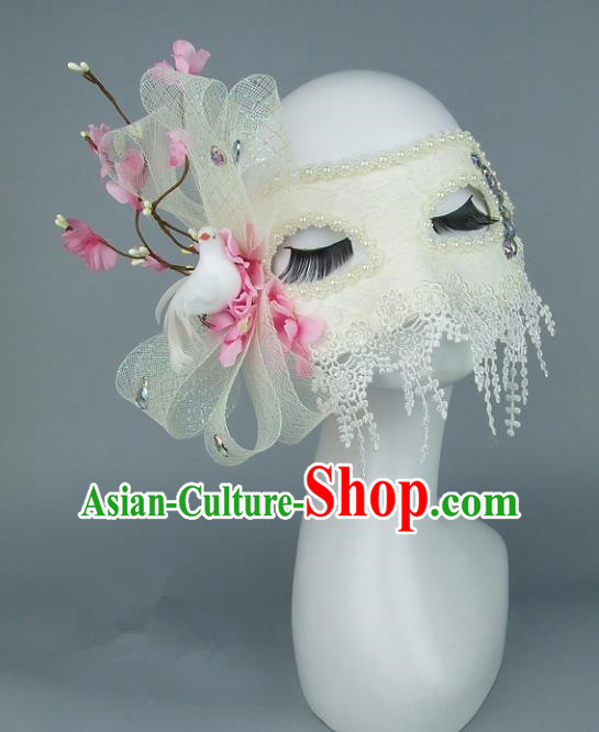 Top Grade Handmade Exaggerate Fancy Ball Accessories Pink Flowers Lace Mask, Halloween Model Show Ceremonial Occasions Face Mask