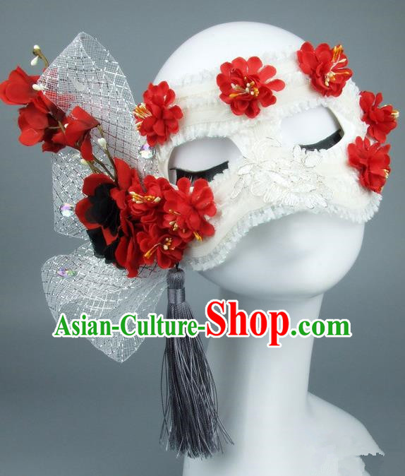 Top Grade Handmade Exaggerate Fancy Ball Accessories Red Flowers Lace Mask, Halloween Model Show Ceremonial Occasions Face Mask