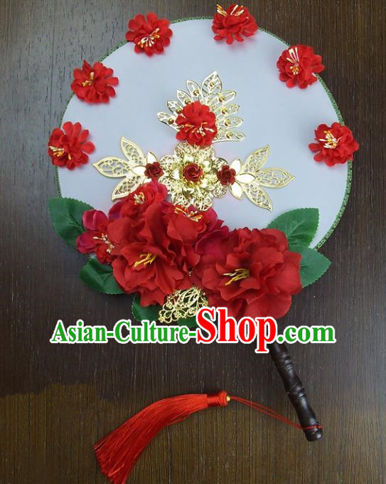 Traditional Handmade Chinese Ancient Wedding Red Peony Xiuhe Suit Round Fans, Hanfu Palace Lady Bride Mandarin Fans for Women