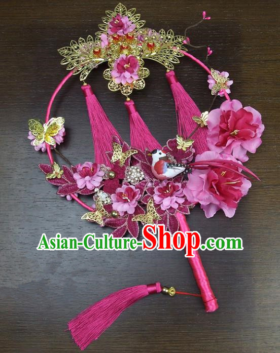 Traditional Handmade Chinese Ancient Wedding Pink Flowers Butterfly Round Fans, Hanfu Palace Lady Bride Xiuhe Suit Mandarin Fans for Women