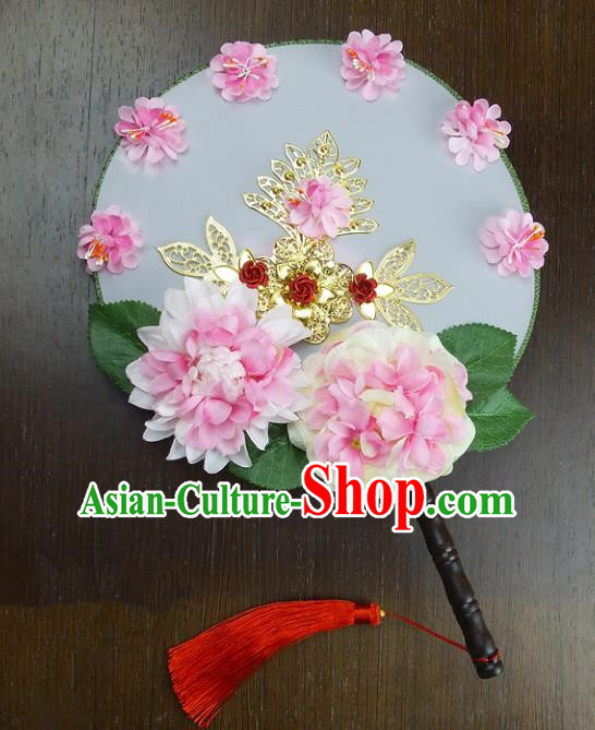 Traditional Handmade Chinese Ancient Wedding Pink Peony Xiuhe Suit Round Fans, Hanfu Palace Lady Bride Mandarin Fans for Women