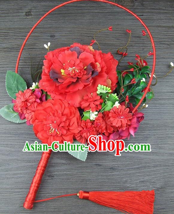 Traditional Handmade Chinese Ancient Wedding Red Flowers Butterfly Round Fans, Hanfu Palace Lady Bride Xiuhe Suit Mandarin Fans for Women