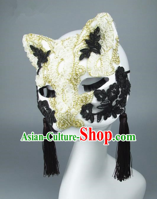 Handmade Halloween Fancy Ball Accessories Cat White Lace Mask, Ceremonial Occasions Miami Face Mask