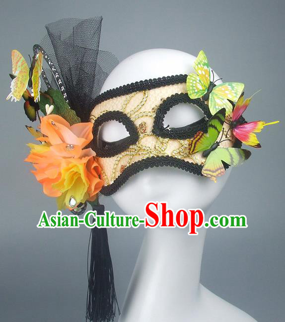 Handmade Halloween Fancy Ball Accessories Yellow Lace Mask, Ceremonial Occasions Miami Model Show Butterfly Face Mask