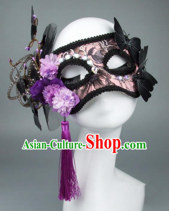 Handmade Halloween Fancy Ball Accessories Black Veil Butterfly Mask, Ceremonial Occasions Miami Model Show Face Mask