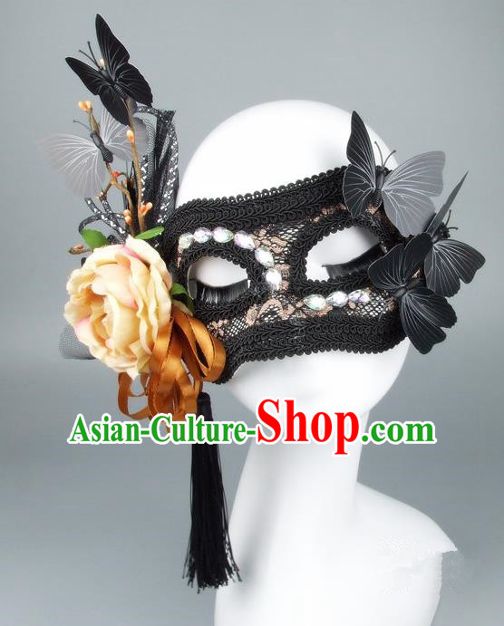 Handmade Halloween Fancy Ball Accessories Yellow Flower Lace Mask, Ceremonial Occasions Miami Model Show Face Mask