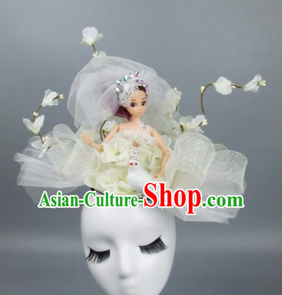 Handmade Halloween Fancy Ball Hair Accessories White Veil Headwear, Ceremonial Occasions Miami Model Show Headdress