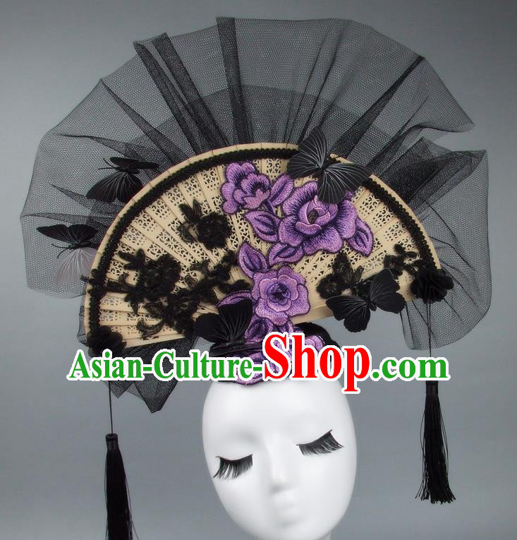 Handmade Asian Chinese Fan Hair Accessories Purple Lace Flowers Butterfly Headwear, Halloween Ceremonial Occasions Miami Model Show Tassel Headdress