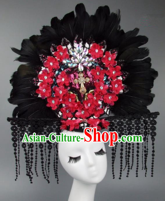Handmade Asian Chinese Fan Hair Accessories Red Flowers Feather Lace Tassel Headwear, Halloween Ceremonial Occasions Manchu Model Show Headdress