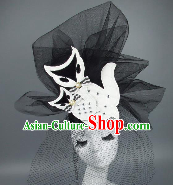Handmade Exaggerate Fancy Ball Hair Accessories Black Veil Fox Headwear, Halloween Ceremonial Occasions Model Show Headdress