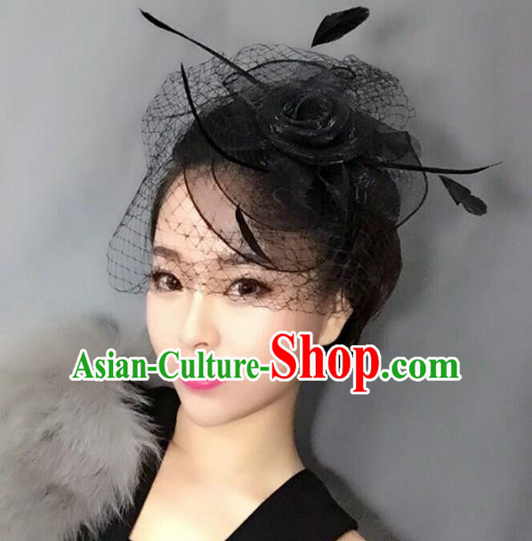 Top Grade Handmade Wedding Hair Accessories Black Feather Veil Headwear, Baroque Style Bride Silk Headdress for Women