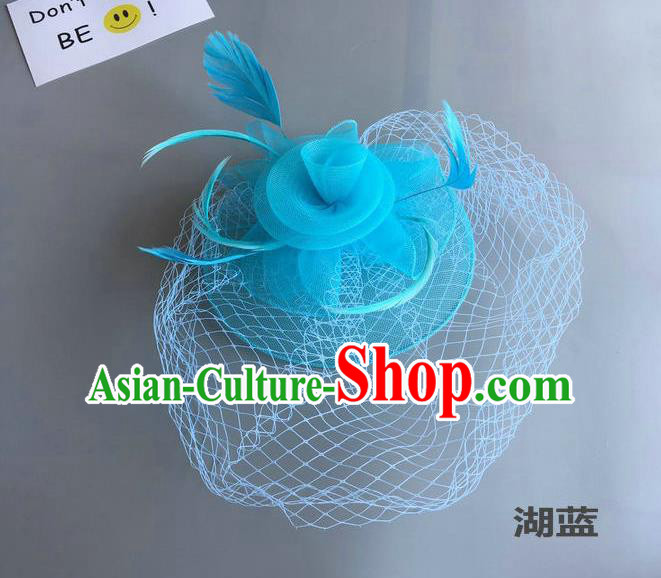 Top Grade Handmade Wedding Hair Accessories Light Blue Feather Veil Headwear, Baroque Style Bride Silk Headdress for Women