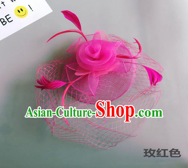 Top Grade Handmade Wedding Hair Accessories Rosy Feather Veil Headwear, Baroque Style Bride Silk Headdress for Women