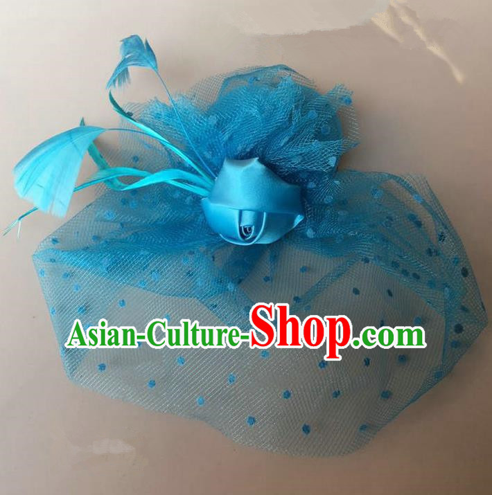 Handmade Baroque Hair Accessories Blue Feather Headwear, Bride Ceremonial Occasions Vintage Veil Top Hat for Kids