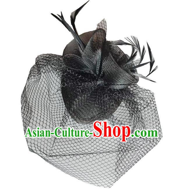 Handmade Baroque Hair Accessories Black Feather Headwear, Bride Ceremonial Occasions Vintage Veil Top Hat for Women