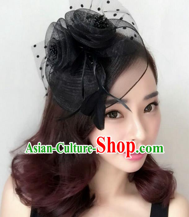 Handmade Baroque Wedding Hair Accessories Black Veil Flowers Headwear, Bride Ceremonial Occasions Vintage Hair Clasp for Women