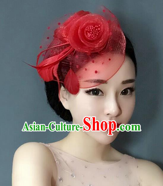 Handmade Baroque Wedding Hair Accessories Red Veil Flowers Headwear, Bride Ceremonial Occasions Vintage Hair Clasp for Women