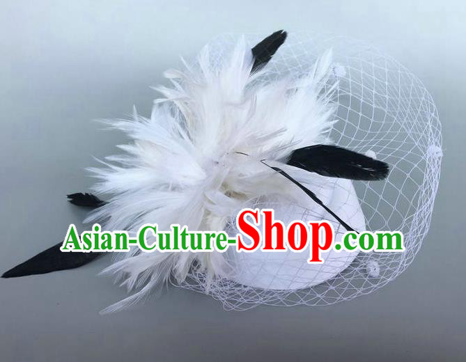 Handmade Baroque Wedding Hair Accessories White Feather Flowers Headwear, Bride Ceremonial Occasions Vintage Top Hat for Women