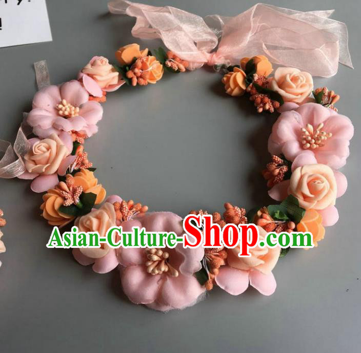 Handmade Baroque Wedding Hair Accessories Light Pink Flowers Garland Headwear, Bride Ceremonial Occasions Vintage Hair Clasp for Women