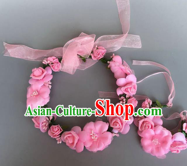 Handmade Baroque Wedding Hair Accessories Pink Flowers Garland Headwear, Bride Ceremonial Occasions Vintage Hair Clasp for Women