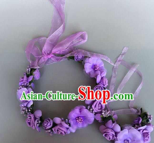Handmade Baroque Wedding Hair Accessories Purple Flowers Garland Headwear, Bride Ceremonial Occasions Vintage Hair Clasp for Women