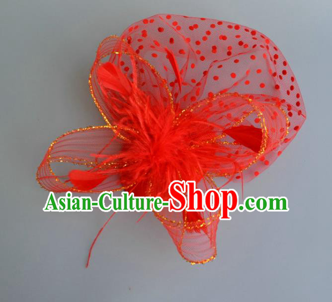 Handmade Baroque Wedding Hair Accessories Red Veil Feather Headwear, Bride Ceremonial Occasions Vintage Top Hat for Women