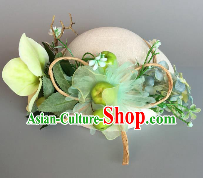 Handmade Baroque Hair Accessories Model Show Green Silk Top Hat, Bride Ceremonial Occasions Flowers Headwear for Women