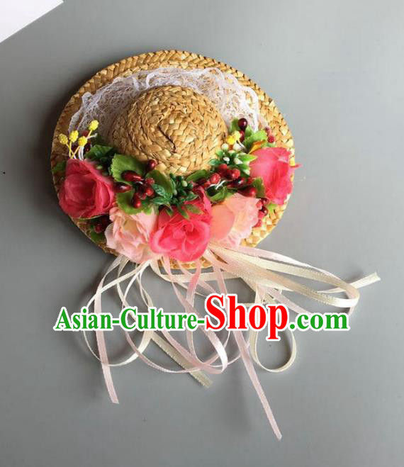 Handmade Baroque Hair Accessories Model Show Flowers Straw Hats, Bride Ceremonial Occasions Headwear for Kids