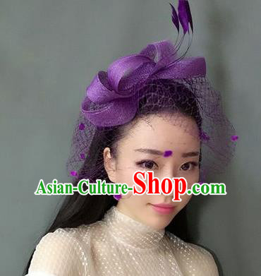 Handmade Baroque Hair Accessories Purple Feather Headwear, Bride Ceremonial Occasions Veil Hat for Women