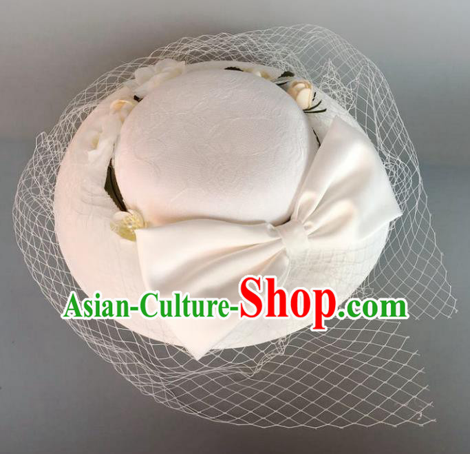 Handmade Baroque Hair Accessories Model Show White Bowknot Top Hats, Bride Ceremonial Occasions Headwear for Women