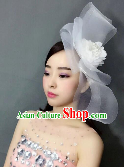 Handmade Baroque Hair Accessories Model Show White Veil Bowknot Hair Stick, Bride Ceremonial Occasions Headwear for Women
