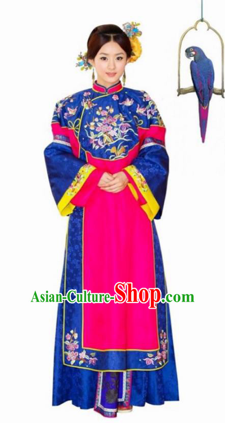 Traditional Chinese Qing Dynasty Palace Lady Embroidered Costume, Asian China Ancient Manchu Princess Dress Clothing for Women