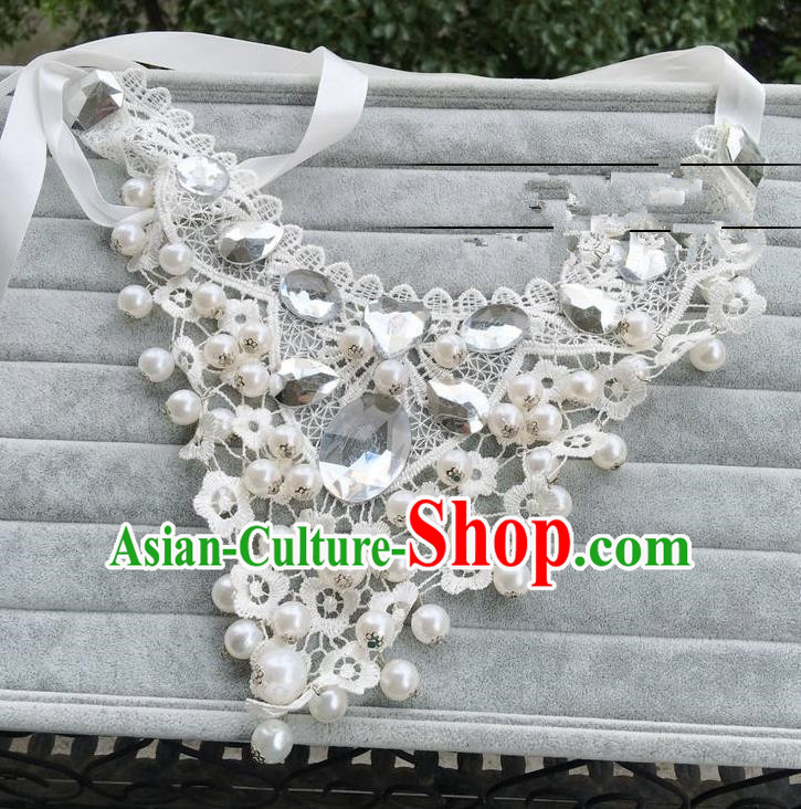 Handmade Wedding Accessories Lace Necklace, Bride Ceremonial Occasions Vintage Pearls Necklet for Women