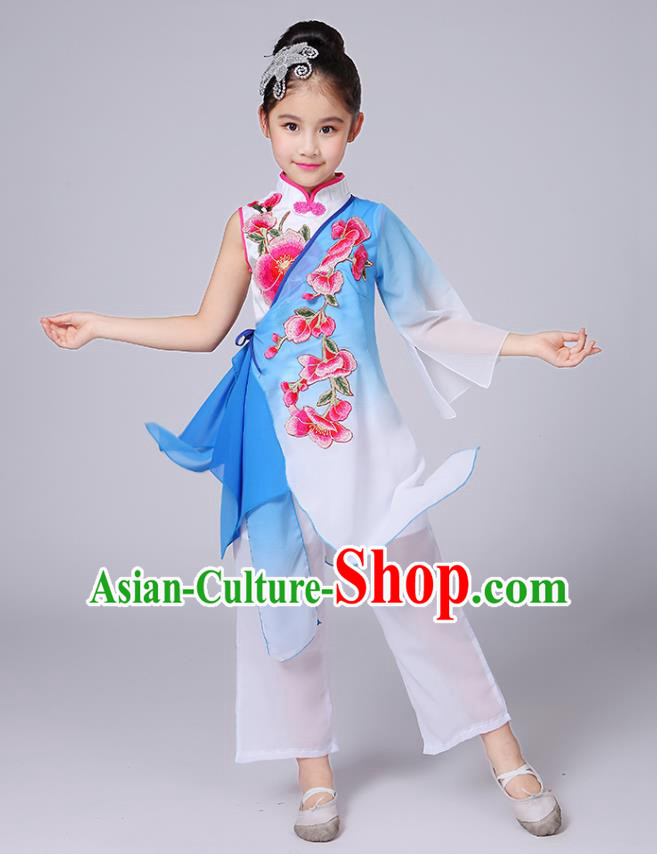 Traditional Chinese Classical Yangge Fan Dance Costume, Children Folk Dance Uniform Yangko Blue Embroidery Clothing for Kids