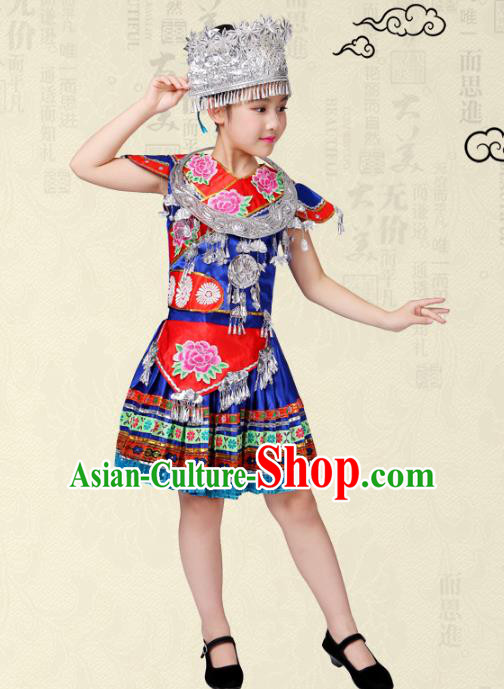 Traditional Chinese Miao Nationality Dance Costume, Hmong Children Folk Dance Ethnic Pleated Skirt Embroidery Clothing for Kids