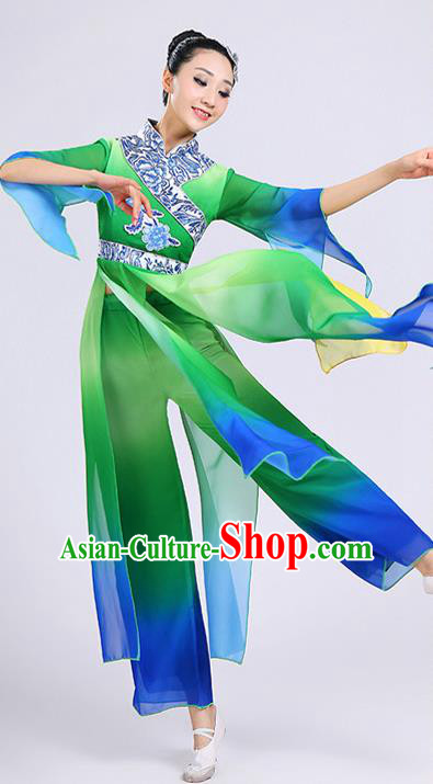 Traditional Chinese Classical Yangge Dance Embroidered Costume, Folk Fan Dance Uniform Classical Dance Green Clothing for Women