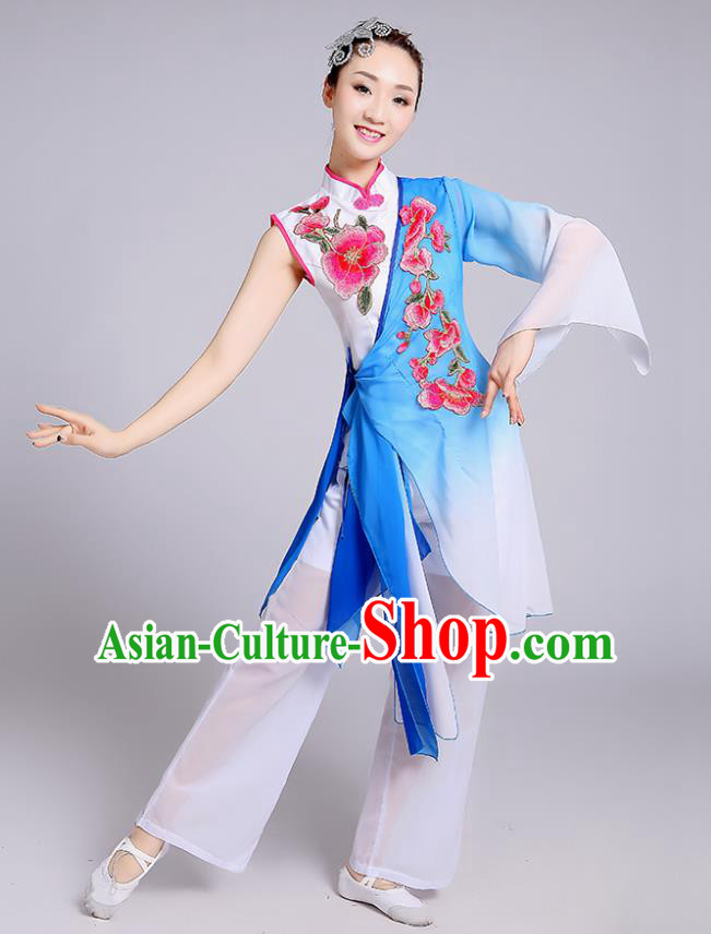 Traditional Chinese Classical Yangge Fan Dance Embroidered Costume, Folk Dance Uniform Classical Dance Blue Clothing for Women