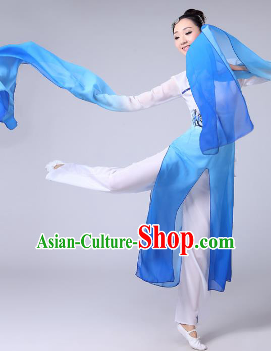 Traditional Chinese Classical Yangge Fan Dance Costume, Folk Dance Uniform Classical Dance Water Sleeve Blue Clothing for Women