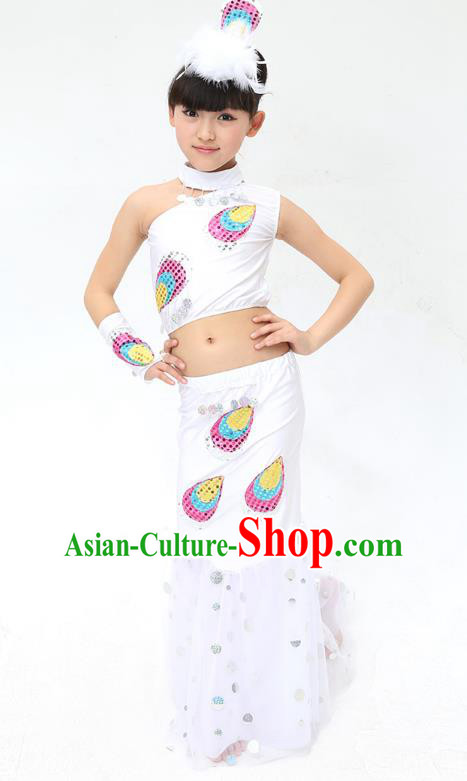 Traditional Chinese Dai Nationality Peacock Dance White Costume, Folk Dance Ethnic Pavane Clothing Minority Dance Dress for Kids