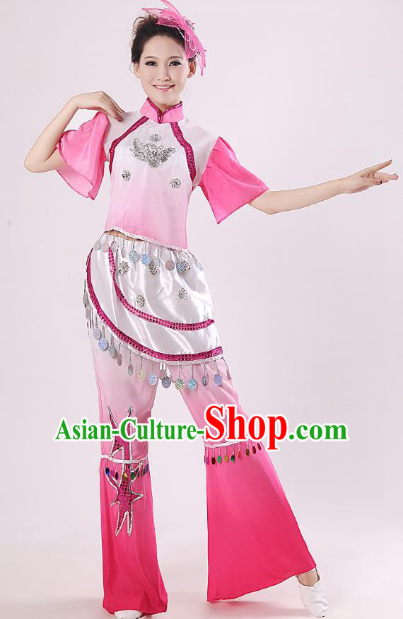 Traditional Chinese Yangge Fan Dance Mandarin Sleeve Costume, Folk Umbrella Dance Pink Uniform Classical Dance Clothing for Women
