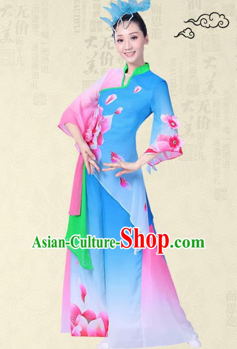 Traditional Chinese Yangge Fan Dance Ink Painting Costume, Folk Umbrella Dance Uniform Classical Dance Blue Clothing for Women
