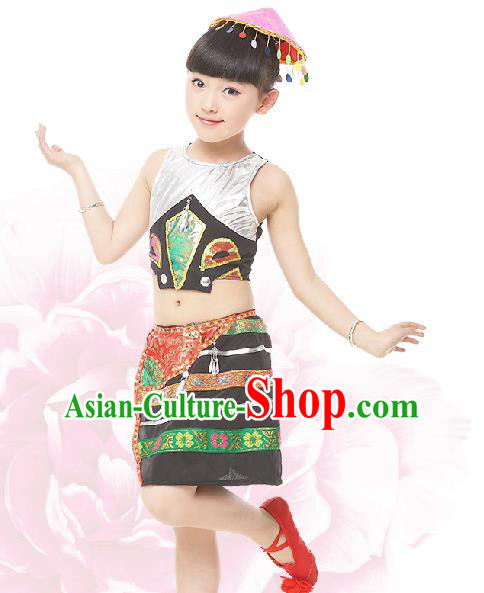 Traditional Chinese Dai Nationality Dance Costume, Children Folk Dance Ethnic Drum Dance Embroidery Clothing for Kids