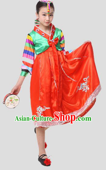 Traditional Chinese Korean Nationality Dance Costume, Children Folk Dance Ethnic Drum Dance Embroidery Red Dress Clothing for Kids