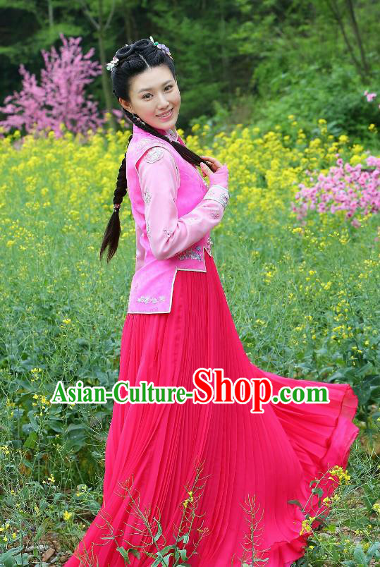 Traditional Chinese Qing Dynasty Young Lady Embroidered Costume, Asian China Ancient Princess Clothing for Women