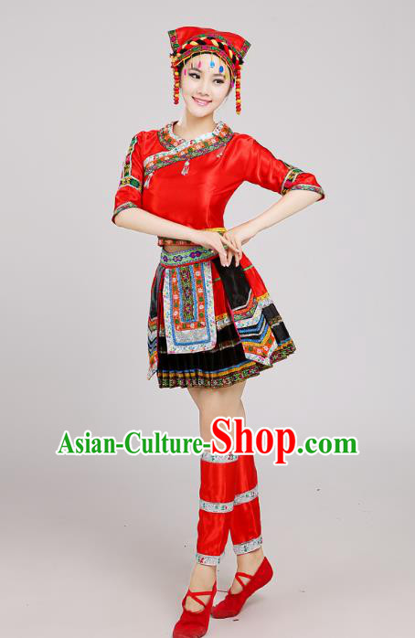 Traditional Chinese Miao Nationality Dance Costume, China Hmong Minority Embroidery Red Dress for Women