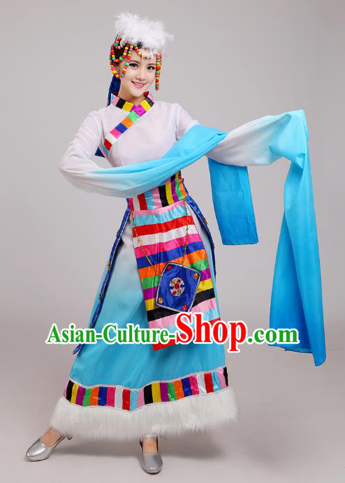 Traditional Chinese Zang Nationality Dance Costume, China Tibetan Minority Embroidery Water Sleeve Blue Dress for Women