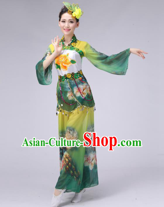 Traditional Chinese Yangge Dance Embroidered Costume, Folk Fan Dance Green Uniform Classical Umbrella Dance Clothing for Women