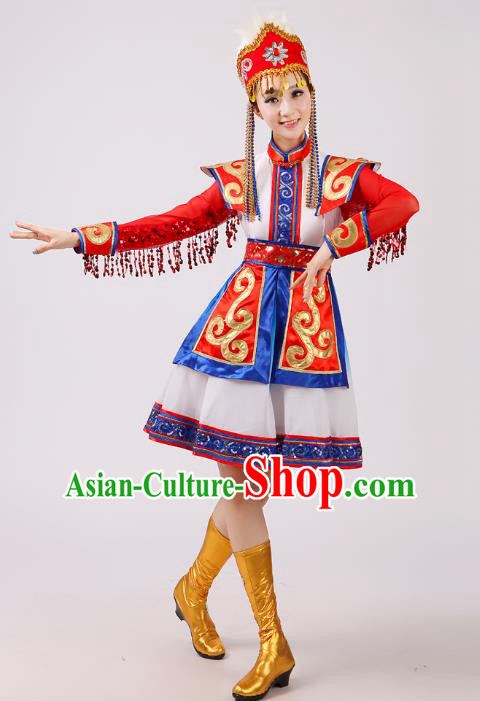 Traditional Chinese Mongol Nationality Dance Costume, China Mongolian Minority Embroidery Red Dress Clothing for Women